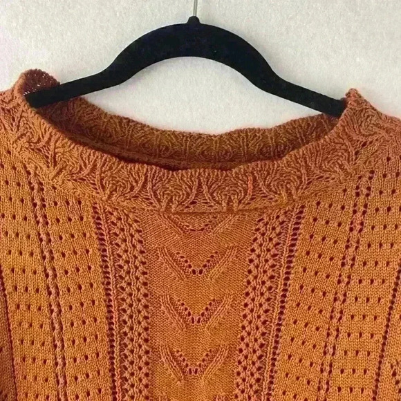 Women's Burnt Orange Crochet Pointelle Knit Sweater Size Large Fall Boho‎ Autumn - Picture 3 of 10